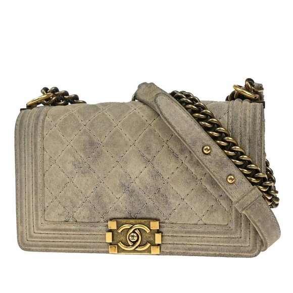 CHANEL CC Logo Boy Chain Shoulder Bag Nylon Leather Gray GHW Italy - Picture 1 of 16
